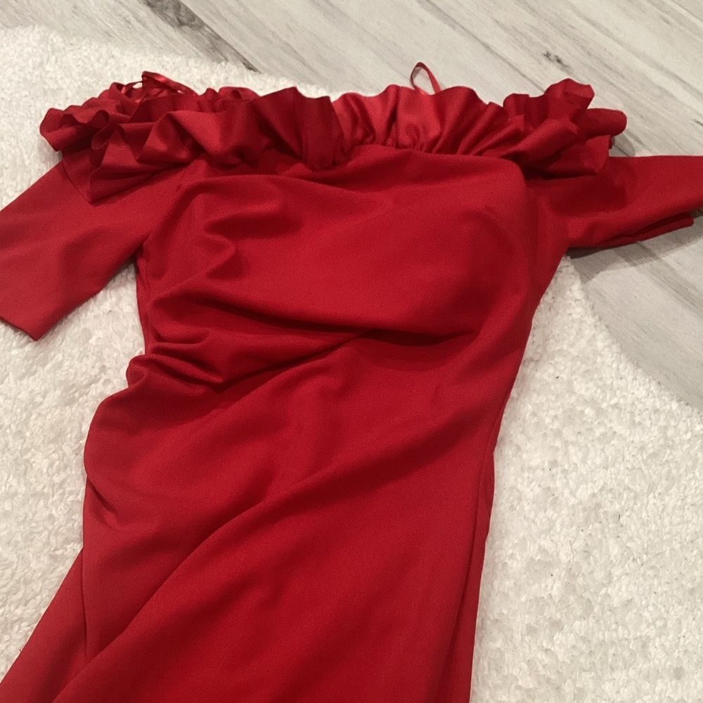 Xscape Red One-Shoulder Ruffle Dress
